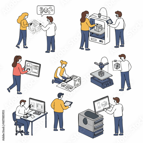 People engaging with 3D printing and design technology, illustrating additive manufacturing, prototyping, and digital fabrication processes.