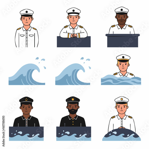Diverse collection of ship captains and naval officers in uniform, depicted with ocean waves and maritime elements, representing seafaring professions.