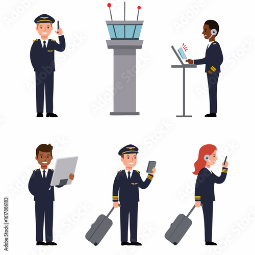 Aviation Professionals Collection: Pilots and Air Traffic Controllers in Uniform, Featuring Communication and Travel