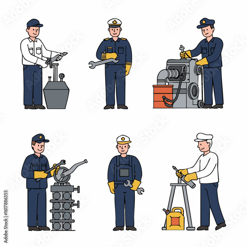 Diverse male workers and technicians in industrial and maritime settings, performing maintenance and operating machinery, depicted in a clean vector illustration style.