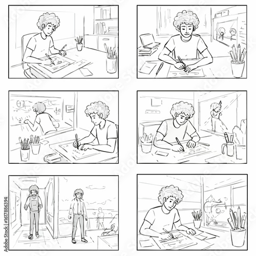 A young artist's creative journey: storyboarding ideas, from digital drawing to imaginative scenes and real-world inspiration.