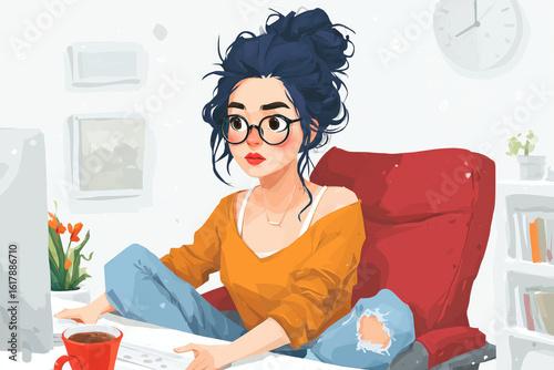 Young Woman Working at Desk with Coffee, Relaxed Home Office, Cartoon Illustration

