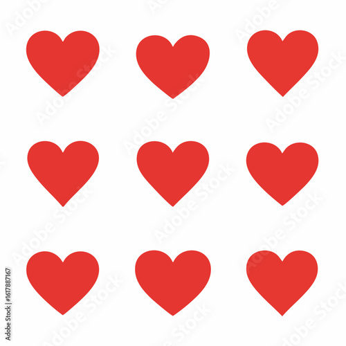 Nine red heart shapes on a white background, symbolizing love, passion, and affection, arranged in a clean grid pattern.
