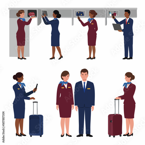 Airline Crew Members Collection: Vector Illustrations of Flight Attendants and Pilots Working and Traveling in Uniform.