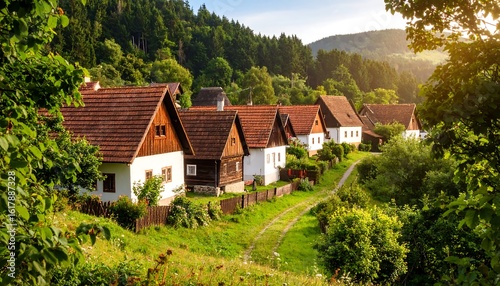 Wallpaper Mural Picturesque village nestled in a valley, bathed in golden sunlight Torontodigital.ca