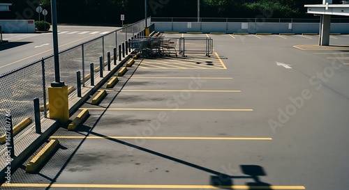 A high angle view of an empty parking lot with yellow lines and shopping carts near the fence area