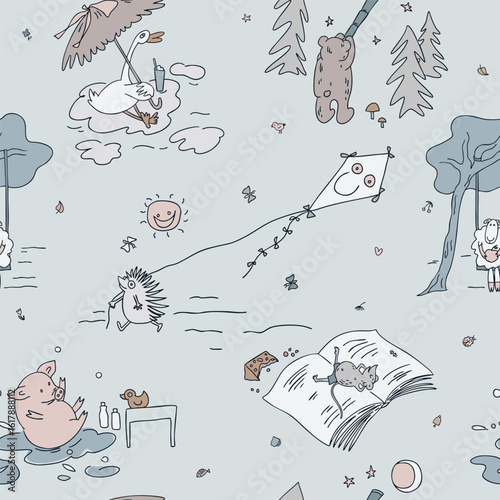 Whimsical Animal World with Forest and Flying Kite