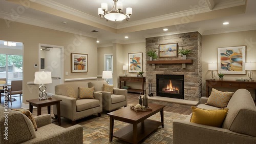 A cozy living room with a stone fireplace, comfortable seating, and art pieces