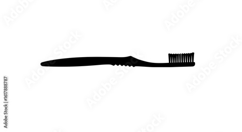 Black toothbrush silhouette stands out on white. Use for dental health posters or product icons.