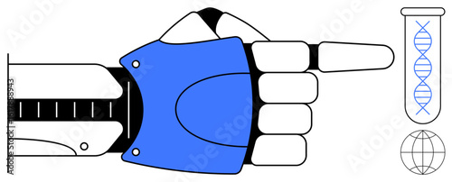 Robotic hand in motion pointing at DNA strand in test tube and globe. Ideal for artificial intelligence, biotechnology, robotics, innovation, science, medical research, genetics. Simple flat metaphor