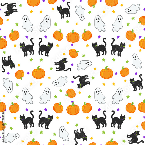 Cute halloween seamless pattern background. Pumpkin with witch hat, black cat, ghost and bats on purple background.