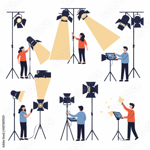 People operating various studio lighting and production equipment for professional photography, videography, and media content creation in an illustrative style.