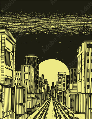Cityscape view with tall buildings and railway tracks under a large celestial body in the night sky