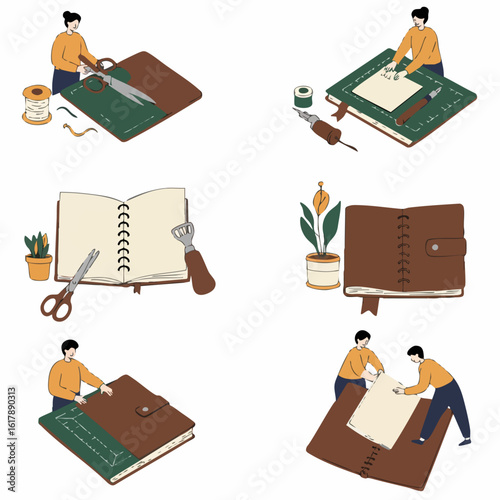 Illustrated process of creating a handmade leather journal, showcasing the artisanal craftsmanship and step-by-step DIY bookbinding from material preparation to final assembly.