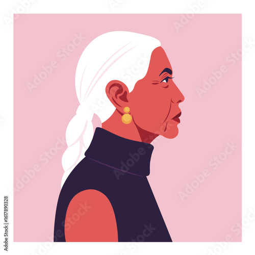 Vector portrait of an elderly Native American woman in profile with white braided hair, against a soft pink background. Side view. Flat minimal illustration style.