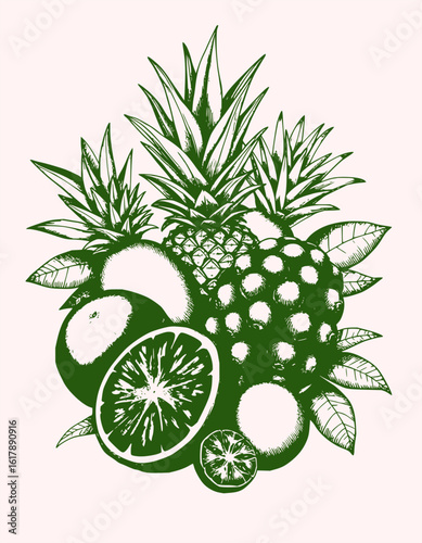 Illustration of pineapples oranges and other fruits arranged in a decorative botanical still life design