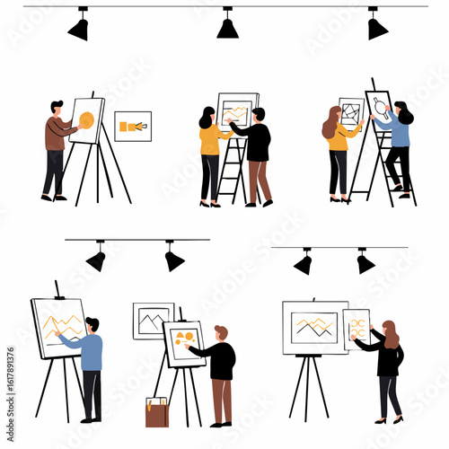 Flat vector illustration of people creating diverse artwork and data visualizations on easels in a gallery or studio.