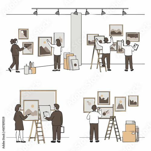 Art Gallery Setup Process: Illustrations of Staff Arranging Paintings, Hanging Artwork, and Preparing for an Exhibition Opening