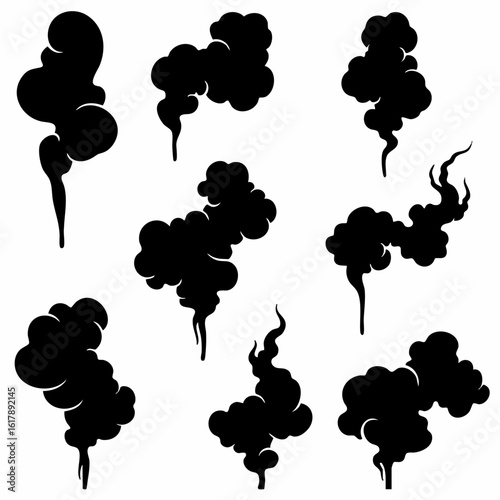 Diverse Black Smoke and Steam Cloud Silhouettes Vector Set on White Background