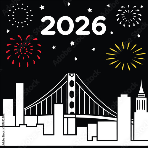 Celebrate the arrival of the year 2026 with a vibrant fireworks display illuminating the iconic san francisco skyline featuring the golden gate bridge and city skyscrapers against a dark night sky