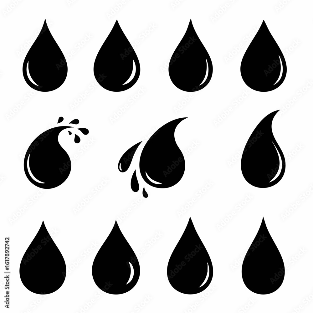 Water Drop Icons Set - Black Silhouettes of Liquid Drops and Splashes on White Background, Minimalist Vector Illustration for Design Elements Water Drop Icons Set - Black Silhouettes of Liquid Drops and Splashes on White Background, Minimalist Vector Illustration for Design Elements