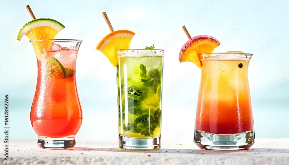 Stylish glasses filled with a variety of drinks Stylish glasses filled with a variety of drinks