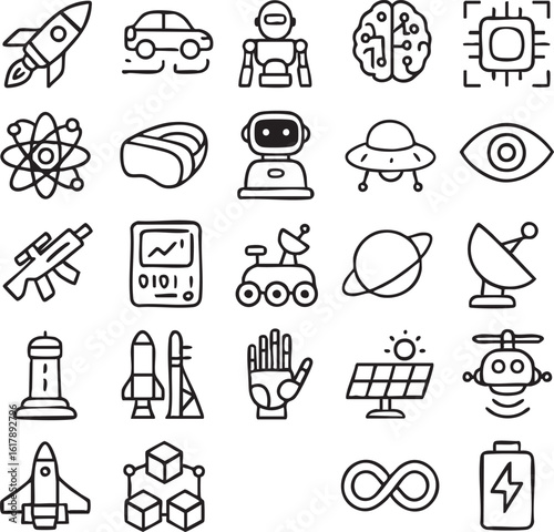 A set of line art icons depicting future technology, space exploration, robotics, and scientific innovation.