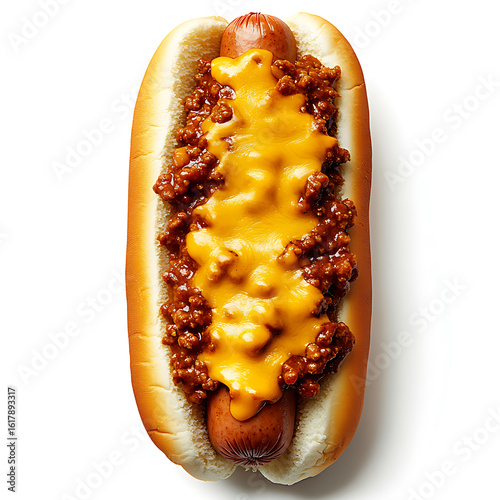 A hot dog topped with chili and melted cheese, served in a bun