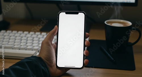 Man's hand holding a smartphone with a blank white screen at a modern office desk