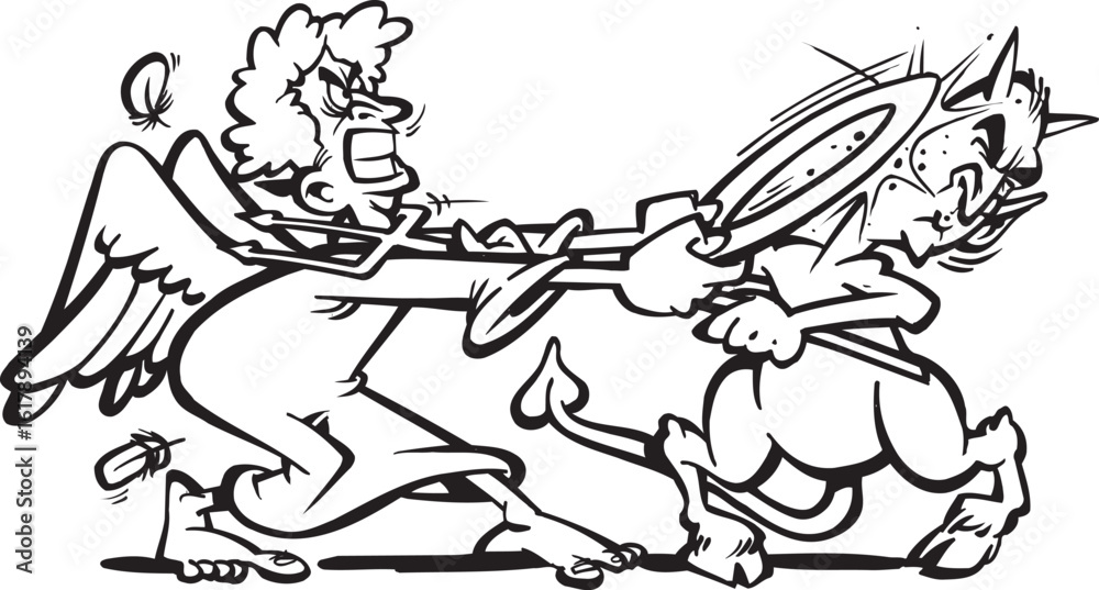 Fototapeta premium sketch vector illustration silhouette image design caricature icon logo symbol mythological creature devil demon and angel fighting