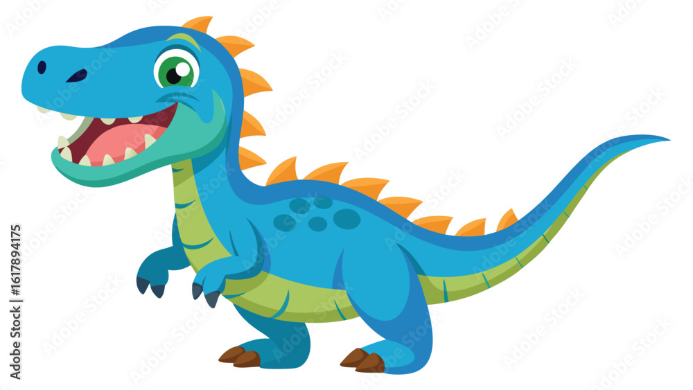 Naklejka premium Cartoon Dinosaur Illustration Tyrannosaurus Rex with Blue Skin and Orange Spikes in a Cheerful Posture