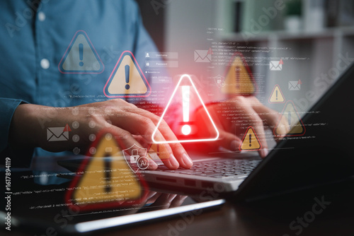 Cyber security risk concept, system alert on interface, hacking, IT system breach, AI-powered security alert.