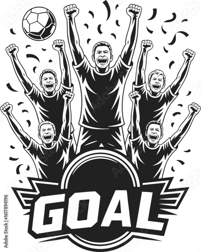 Goal celebration, teamwork in sports, collective achievement, joyful expression, victory moment
