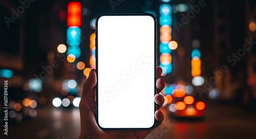 Hand holding a smartphone with a blank screen for mockup on a city night street with bokeh.
