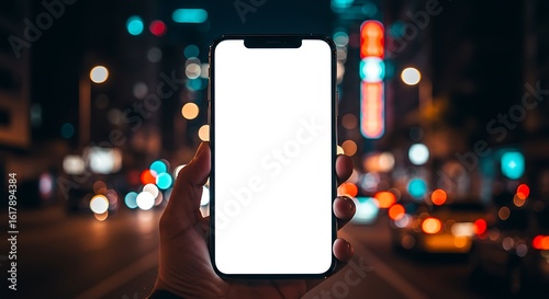 A person holding a modern smartphone with a blank white screen mockup in a city at night
