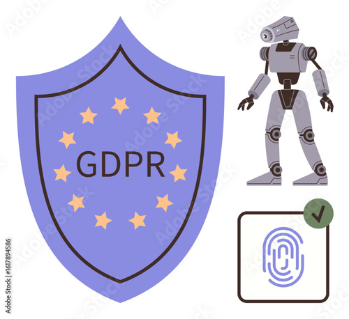 Shield labeled GDPR surrounded by stars, robot suggesting automation, fingerprint icon with a check mark. Ideal for privacy, security, technology, data management, EU regulations, AI ethics simple