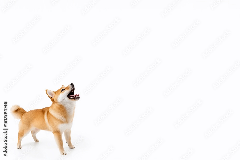 Fototapeta premium Shiba Inu Barking on White Background with Copy Space 