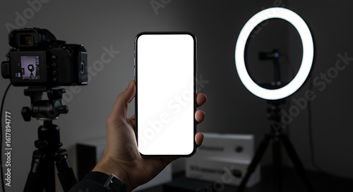 Content creator's hand holding a smartphone with a blank screen in a vlogging studio setup.