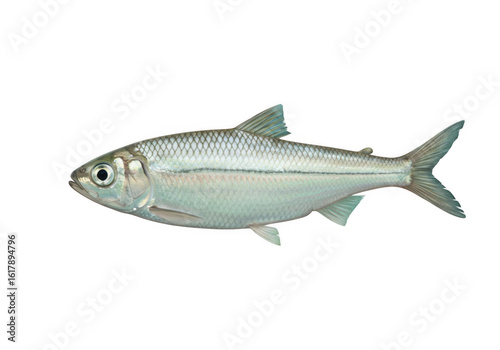 A single alewife fish swims gracefully through the clear water, showcasing its silver scales and streamlined body isolated on transparent background