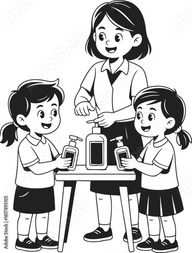 Kids using hand sanitizer at school promoting health, hygiene, and safety among students in an educational environment