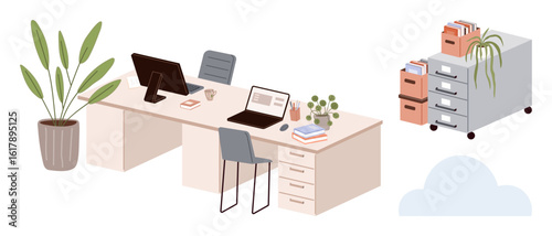 Organized desk setup with computers, chairs, stationery, plants, and filing cabinet for productivity, comfort, and aesthetics. Ideal for workspace ideas, creativity minimalism organization