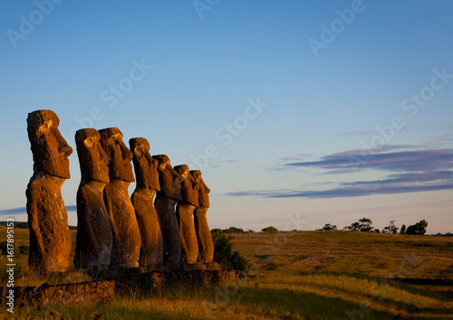 Moais in ahu akivi at sunset, Easter Island, Hanga Roa, Chile