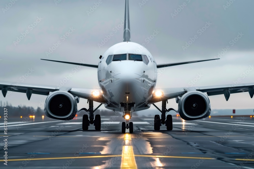 Obraz premium Passenger airplane taxiing on runway getting ready for takeoff