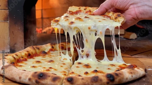 Mouthwatering pizza with stringy mozzarella cheese pull fresh from a wood fired oven