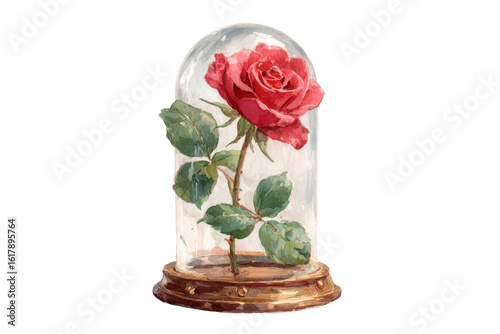 Enchanted Rose Watercolor Painting Beautiful Red Rose under Glass Dome Beauty and The Beast on transparent background