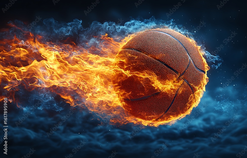 Fototapeta premium Basketball ablaze with orange fire and blue smoke against dark sky flame burning