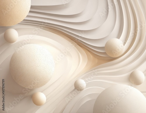 Abstract, beige spheres on layered, flowing planes