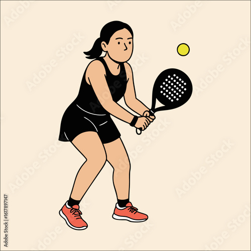 Illustration of a woman playing paddle tennis, ready to hit the ball with her racket.