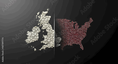 Conceptual illustration of the geopolitical division and contrast between the United Kingdom and the United States, symbolized by textured maps on a dark background.