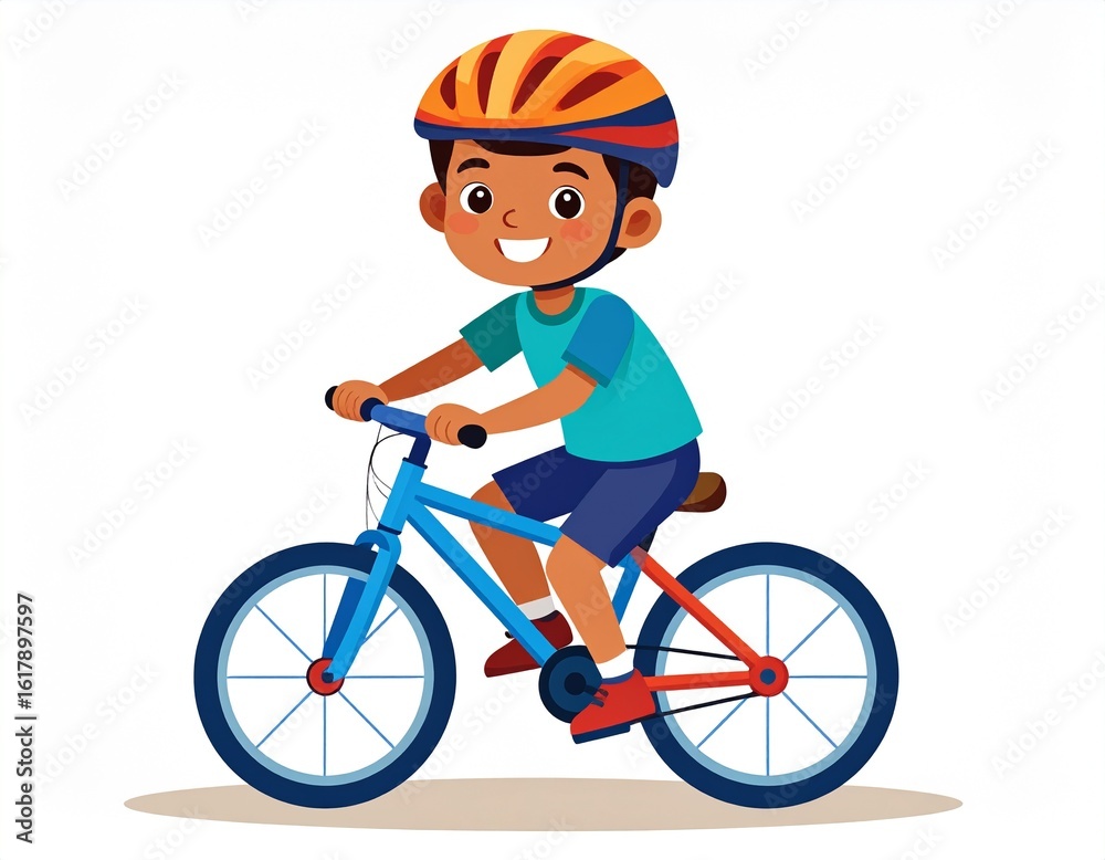 Fototapeta premium Smiling young boy in a helmet riding a bicycle.